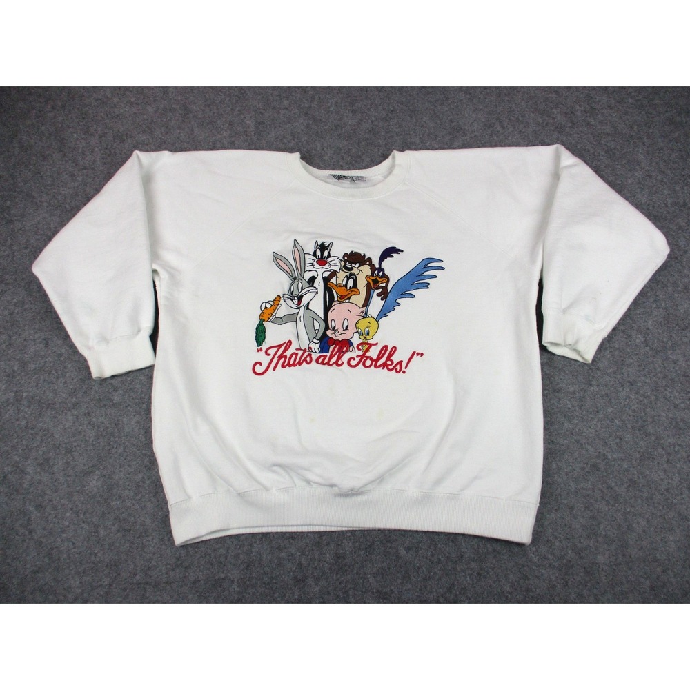 VINTAGE Looney Tunes Sweatshirt Mens Medium White Acme Thats All Folks 90s